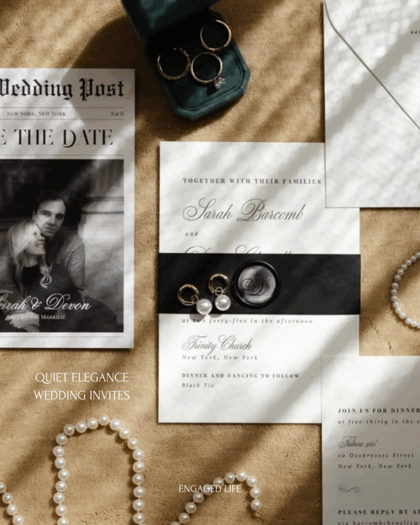 “Quiet elegance wedding invitation suite designed by @lddesigns with pearls and black ribbon”