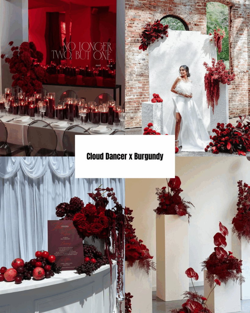 Burgundy candlelit wedding tablescape contrasted with Pantone's Color of the year 2026 Cloud Dancer drapery.
Bride posing against white structure with burgundy floral installations.
Deep burgundy fruit and floral display with Cloud Dancer backdrop.
Modern burgundy floral pedestals paired with Cloud Dancer tones.