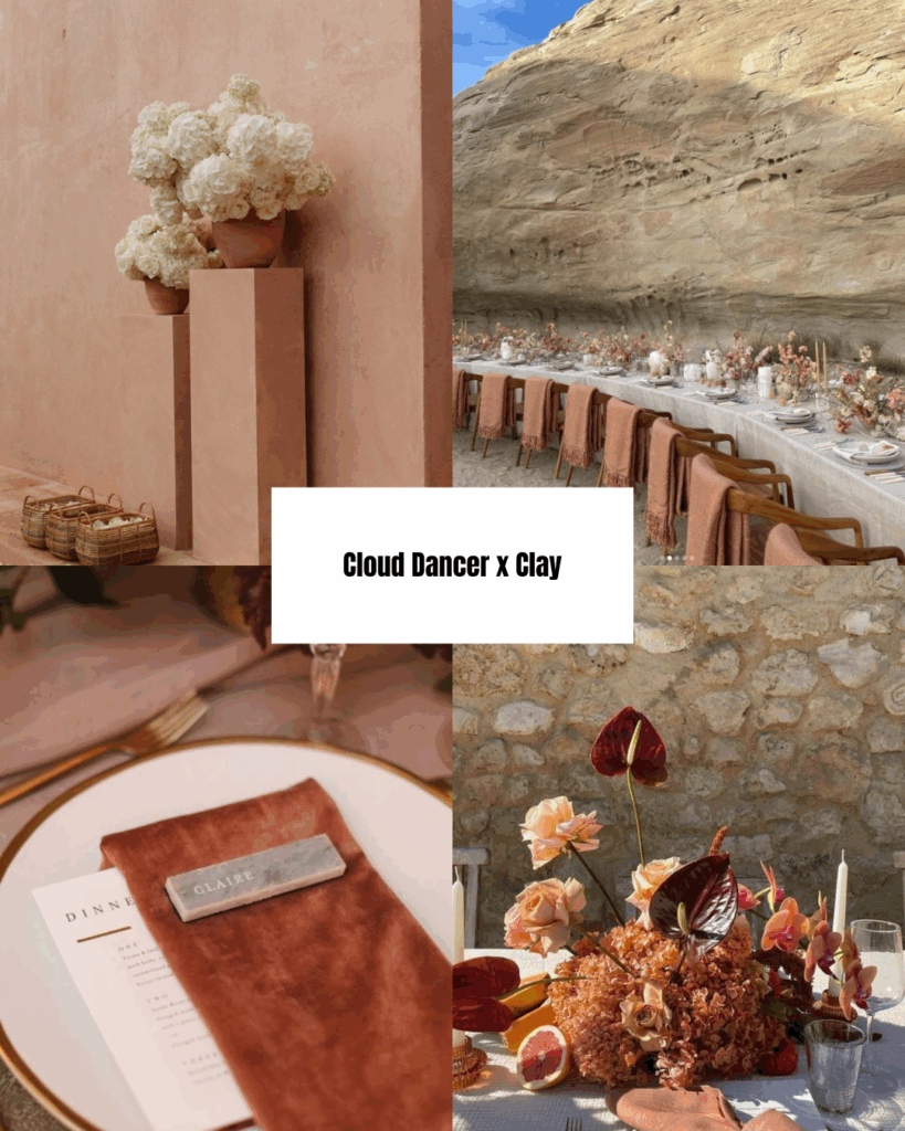 Clay-toned pedestal vases with Cloud Dancer florals.
Long clay and Cloud Dancer tablescape set in a rocky desert landscape.
Clay velvet napkin place setting with Cloud Dancer accents.
Editorial table arrangement with clay florals and Cloud Dancer linens.