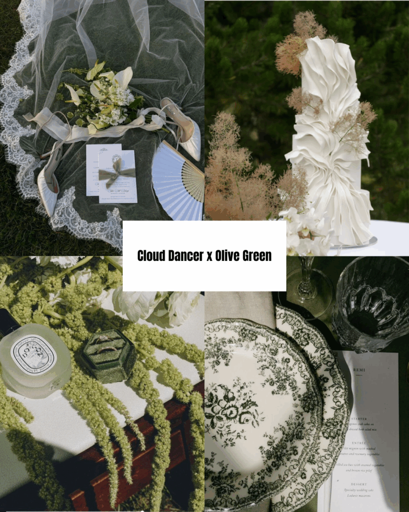 Olive green and Cloud Dancer flat lay with veil, bouquet, shoes, and fan.
Sculptural white wedding cake styled with olive-toned foliage.
Olive green floral textures and wedding details paired with Cloud Dancer tones.
Olive green patterned plates styled with Cloud Dancer linens for a wedding tablescape.