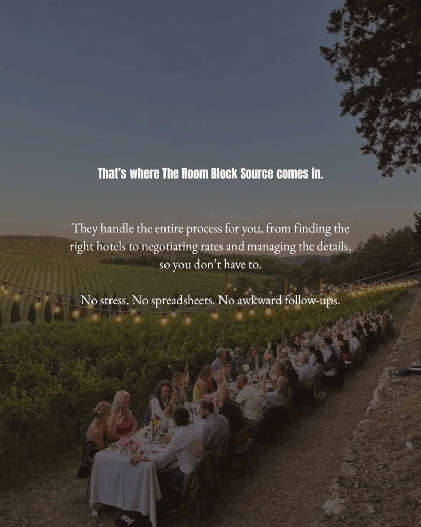 Romantic destination wedding dinner setup in a vineyard with long tables and evening lighting.
destination wedding hotel blocks
wedding guest accommodations