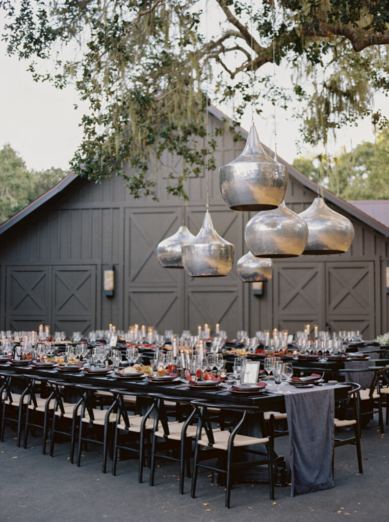 Carmel California luxury wedding reception under oak trees
Outdoor black tie wedding Carmel