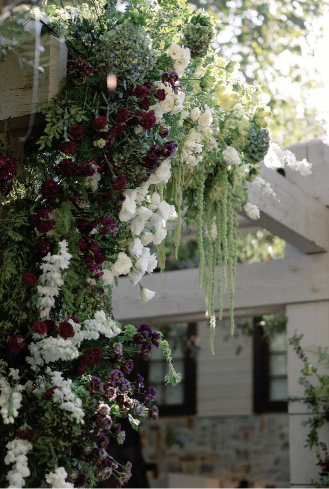 “meadow style aisle flowers, ground floral arrangements wedding ceremony, greenery and white wedding flowers, berry tone wedding florals, Malibu wedding florist”