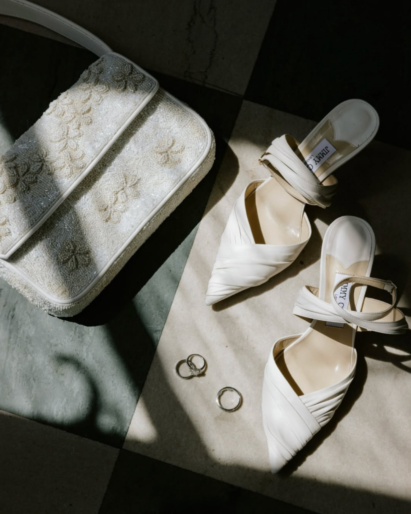 Bridal details Jimmy Choo shoes Cartier rings Tiffany wedding morning