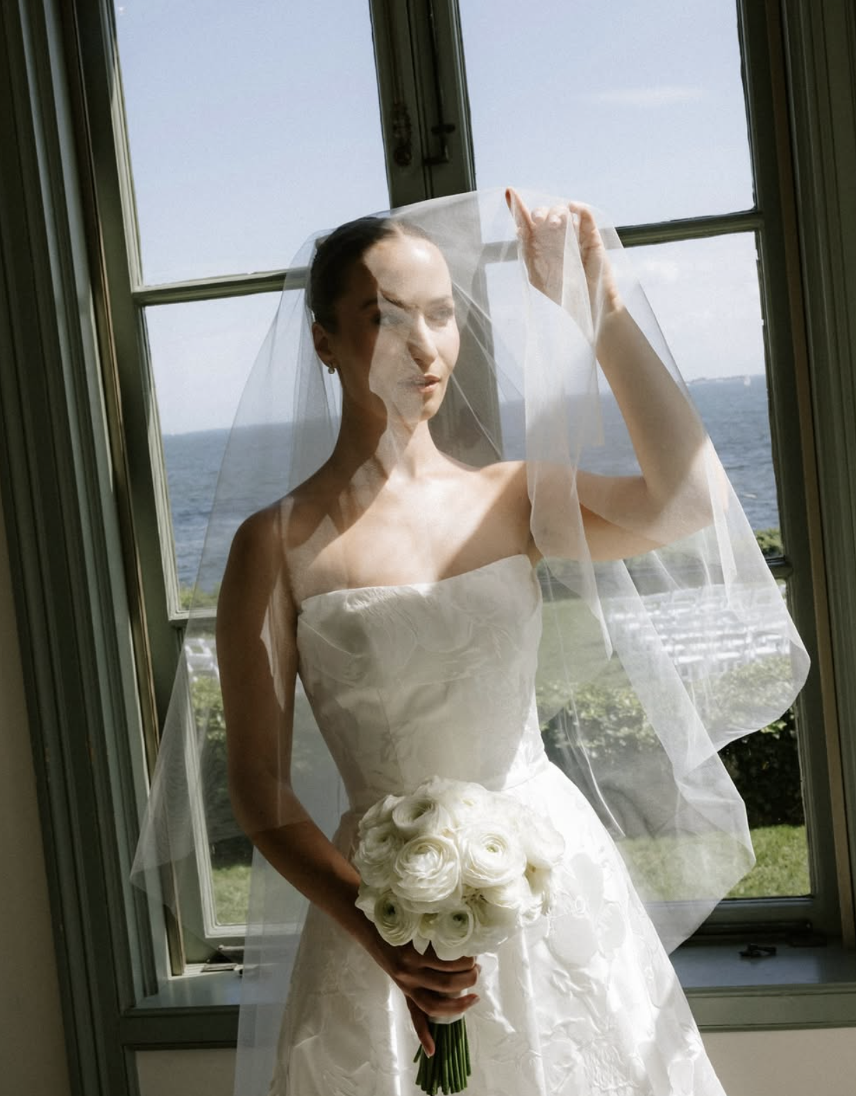 Bride portrait window ocean light Misselwood summer wedding Massachusetts Boston wedding photographer film photography