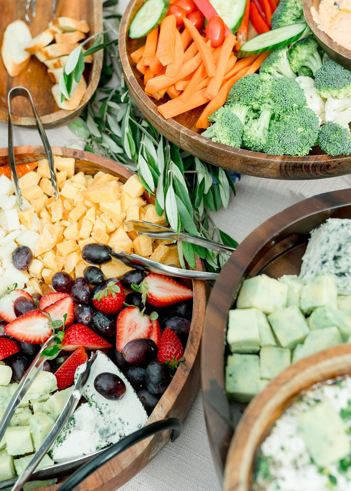 Wedding catering grazing table with fruit and cheese at a Monterey wedding